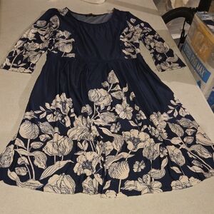 Reborn Blue and White A-Line Dress with 3/4 Sleeves